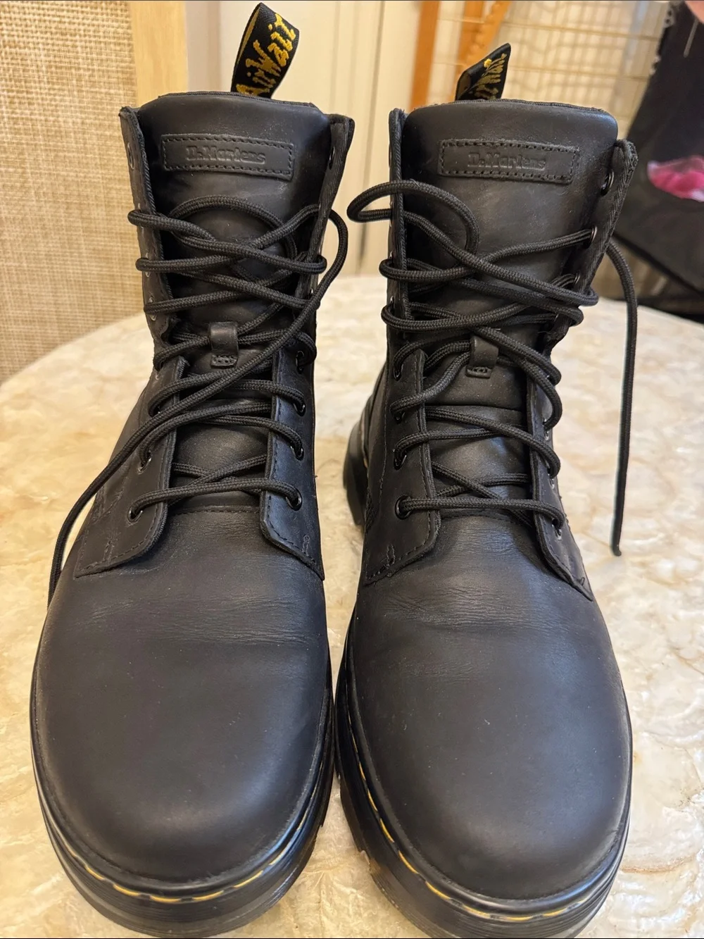 8 eye Dr Martens Black Leather Lace-Up Combat Boots with Yellow Welt Stitchi